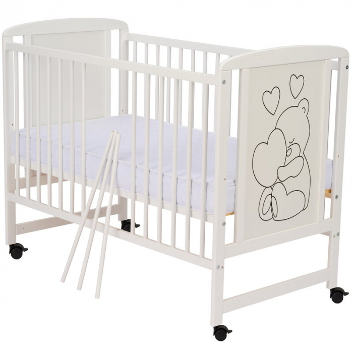 Patut din lemn Timmi Heart 120x60 cm, cu roti, din lemn de pin, MDF, Somiera reglabila, Alb - Qmini [6]