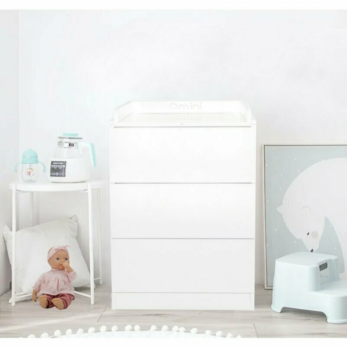 Patut din lemn Timmi Heart 120x60 cm, cu roti, din lemn de pin, MDF, Somiera reglabila, Alb - Qmini [14]