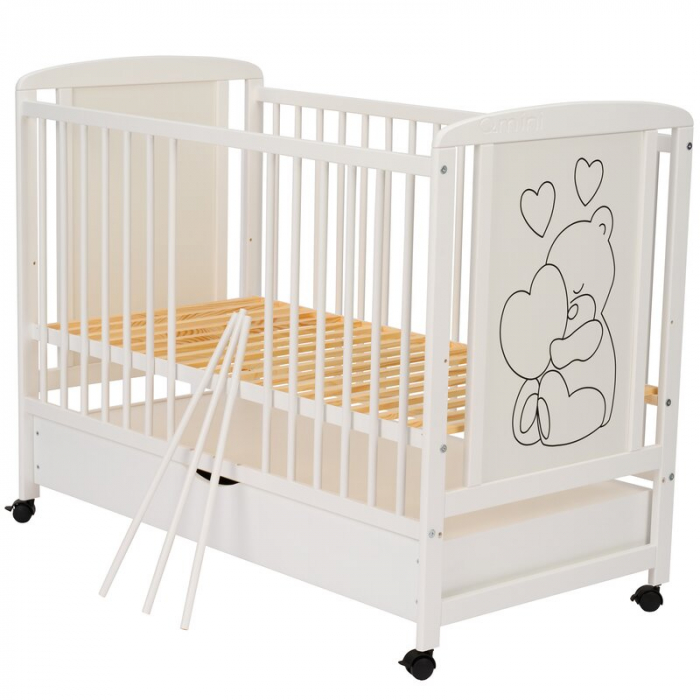 Patut din lemn Timmi Heart 120x60 cm, cu sertar, cu roti, din lemn de pin, MDF, Somiera reglabila, Alb - Qmini [8]