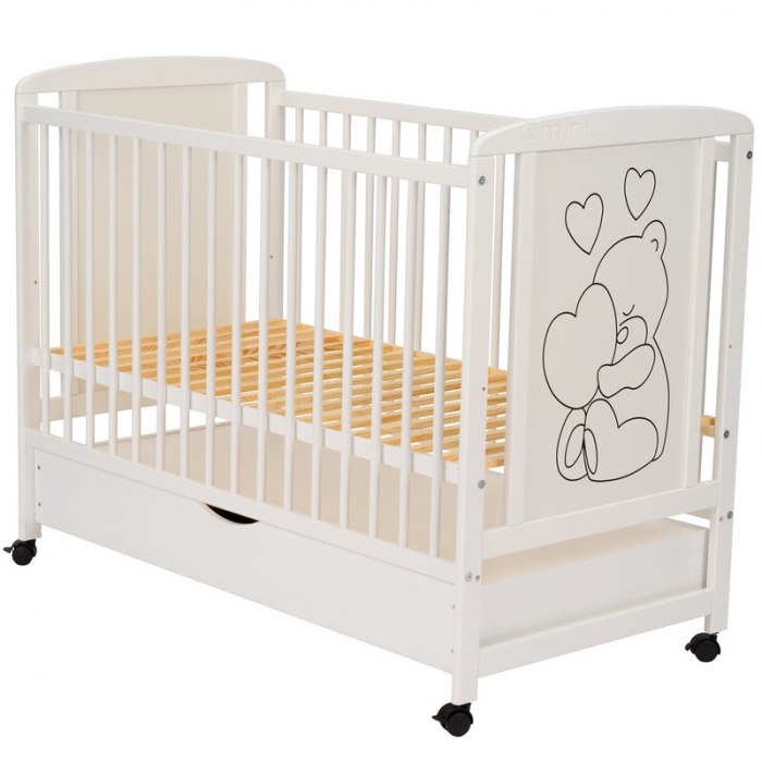 Patut din lemn Timmi Heart 120x60 cm, cu sertar, cu roti, din lemn de pin, MDF, Somiera reglabila, Alb - Qmini [10]