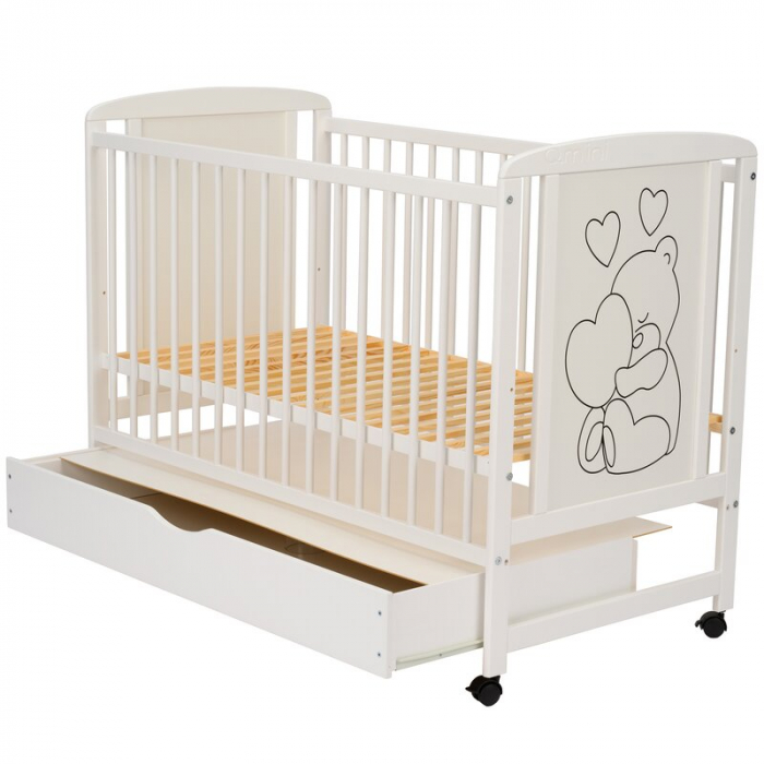 Patut din lemn Timmi Heart 120x60 cm, cu sertar, cu roti, din lemn de pin, MDF, Somiera reglabila, Alb - Qmini [13]