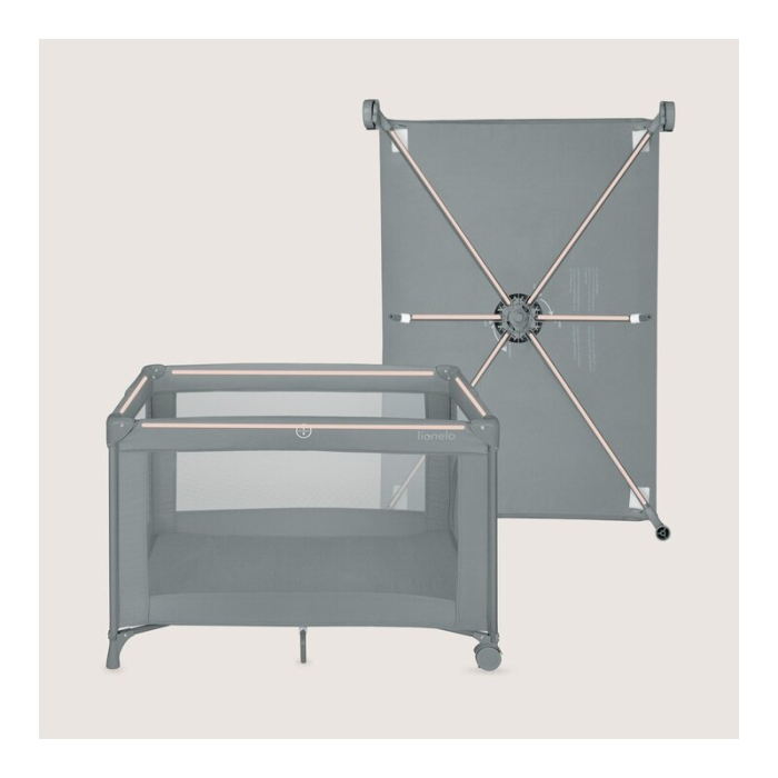 Patut pliant, Lionelo, Amelie, cu intrare laterala, 100.5-70.5 cm, Include salteluta, roti, geanta pentru transport, Constructie usoara- 7 kg, Cadru stabil din otel, Gri [9]