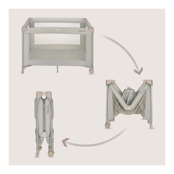 Patut pliant, Lionelo, Amelie, cu intrare laterala, 100.5-70.5 cm, Include salteluta, roti, geanta pentru transport, Constructie usoara- 7 kg, Cadru stabil din otel, Bej [4]