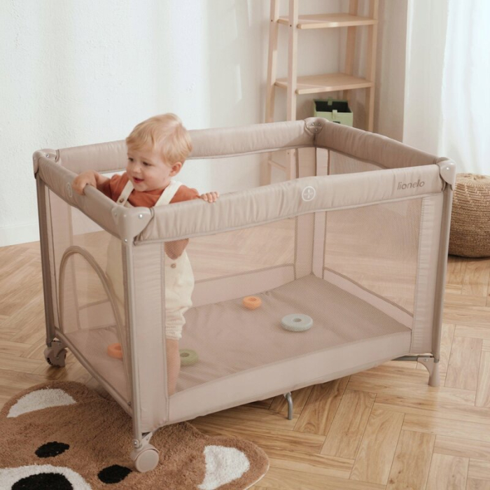 Patut pliant, Lionelo, Amelie, cu intrare laterala, 100.5-70.5 cm, Include salteluta, roti, geanta pentru transport, Constructie usoara- 7 kg, Cadru stabil din otel, Gri [15]