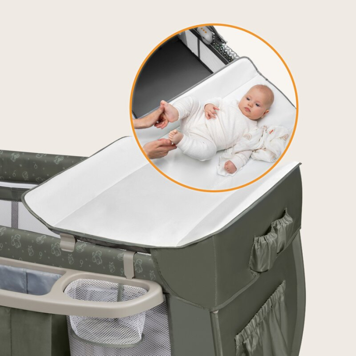 Patut pliant, Lionelo, Sven Plus, 120x60 cm, cu doua nivele, cu arcada jucarii, masuta de infasat, vibratii, melodii, Bej Olive [14]