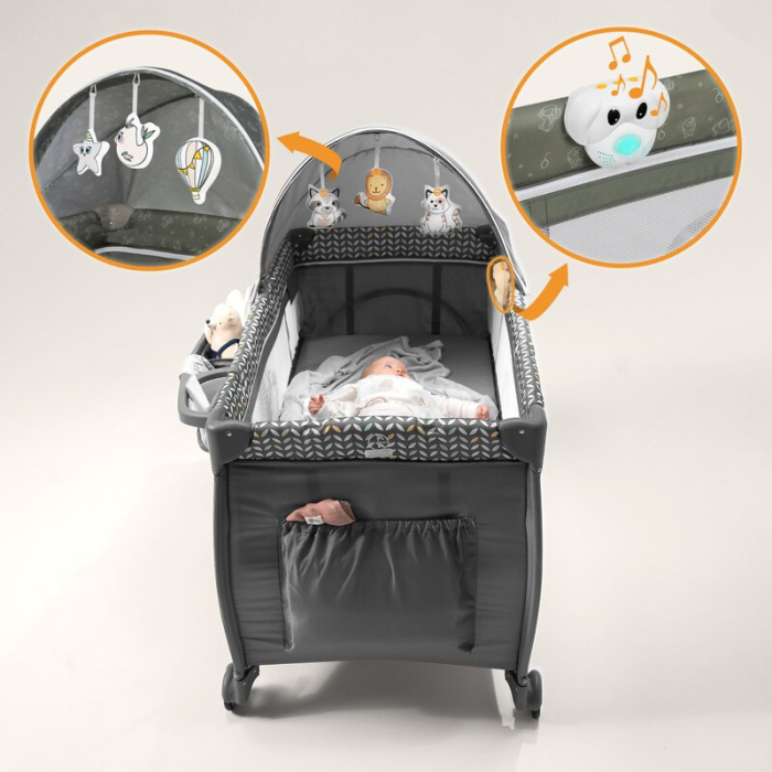 Patut pliant, Lionelo, Sven Plus, 120x60 cm, cu doua nivele, cu arcada jucarii, masuta de infasat, vibratii, melodii, Bej Olive [15]