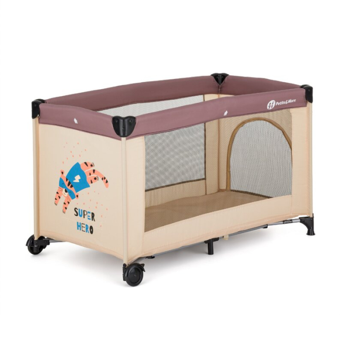 Patut pliant, Petite&Mars, Koot, 120 x 60 cm, Cu roti, Functie de tarc, Pliere compacta, Include geanta de transport, Intrare laterala cu fermoar, Pereti din plasa, Pana la 15 kg, 0-30 luni, Maro [2]
