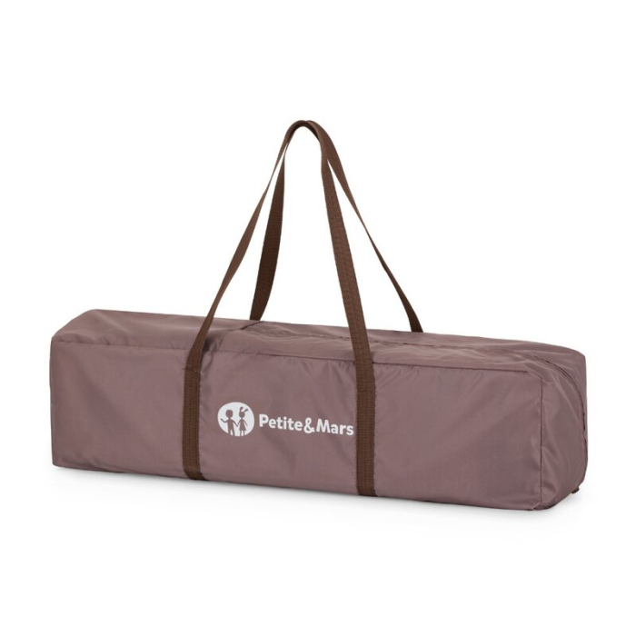 Patut pliant, Petite&Mars, Nyja, 120 x 60 cm, Cu roti, Functie de tarc, Pliere compacta, Include geanta de transport, Intrare laterala cu fermoar, Pereti din plasa, Pana la 15 kg, 0-30 luni, Mocha [9]
