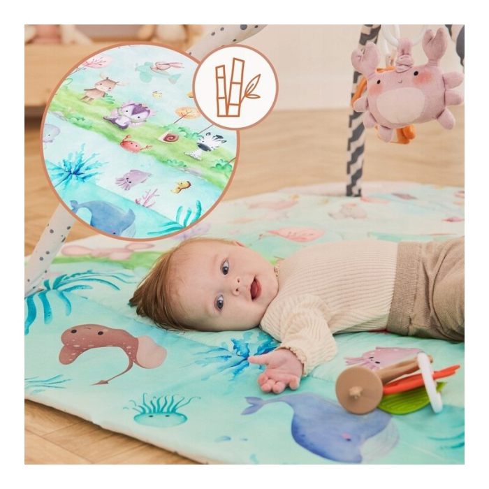 Salteluta interactiva, Lionelo, Anika, 8 jucarii senzoriale, detasabile, fosnaitoare, logopedice, Lavabila la masina, Husa din bambus, 116x112 cm, Multicolor [20]