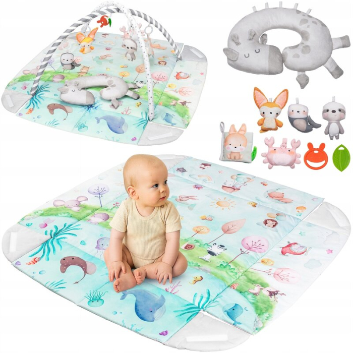 Salteluta interactiva, Lionelo, Anika, 8 jucarii senzoriale, detasabile, fosnaitoare, logopedice, Lavabila la masina, Husa din bambus, 116x112 cm, Multicolor [3]