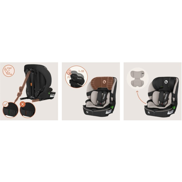 Scaun auto i-Size, Lionelo, Billy , 76 - 150 cm, 1/2/3, Isofix + top tether, Tetiera reglabila in 10 pozitii, Insertie ergonomica, Tapiterie lavabila, Testat la impact, Baza lata, Bej [26]