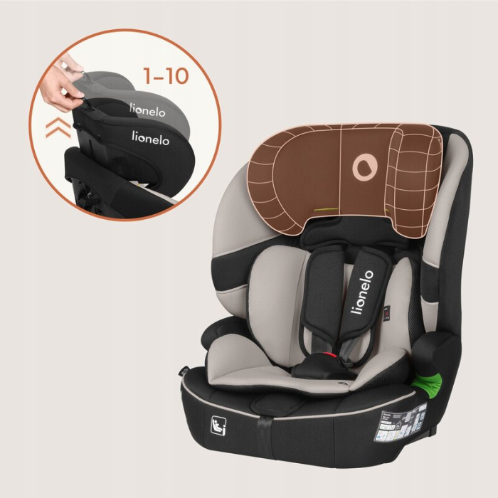 Scaun auto i-Size, Lionelo, Billy , 76 - 150 cm, 1/2/3, Isofix + top tether, Tetiera reglabila in 10 pozitii, Insertie ergonomica, Tapiterie lavabila, Testat la impact, Baza lata, Bej [19]