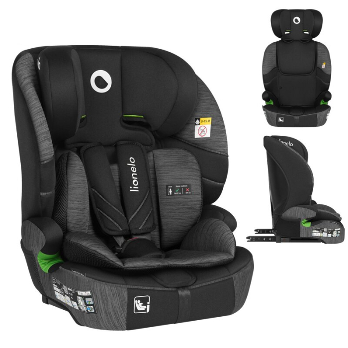 Scaun auto i-Size, Lionelo, Levi Fix, 76 - 150 cm, 1/2/3, ISOFIX + Top Tether, Tetiera reglabila in 10 pozitii, Insertie ergonomica Dri-Seat, Tapiterie lavabila, Negru/Gri [4]