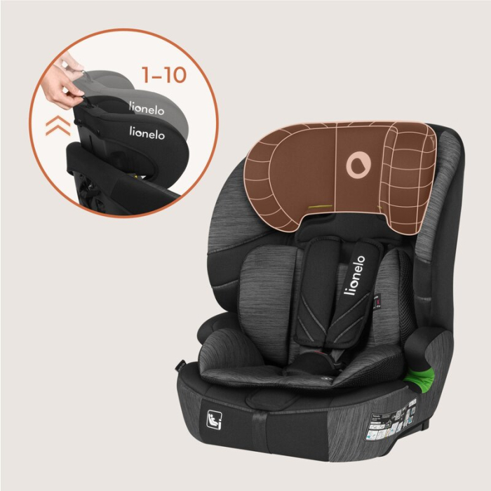 Scaun auto i-Size, Lionelo, Levi Fix, 76 - 150 cm, 1/2/3, ISOFIX + Top Tether, Tetiera reglabila in 10 pozitii, Insertie ergonomica Dri-Seat, Tapiterie lavabila, Negru/Gri [18]