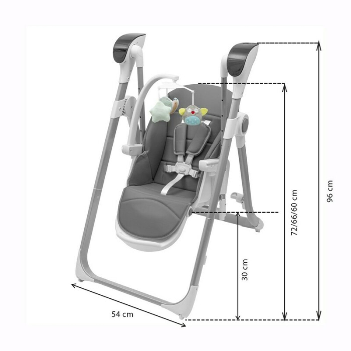 Scaun de masa 2 in 1, New Baby, Smart, Poate fi utilizat si ca leagan pentru copii, cu telecomanda, Spatar reglabil in 4 pozitii, cu 5 viteze de leganare, cu melodii si jucarii, 0-36 luni, Grey [13]