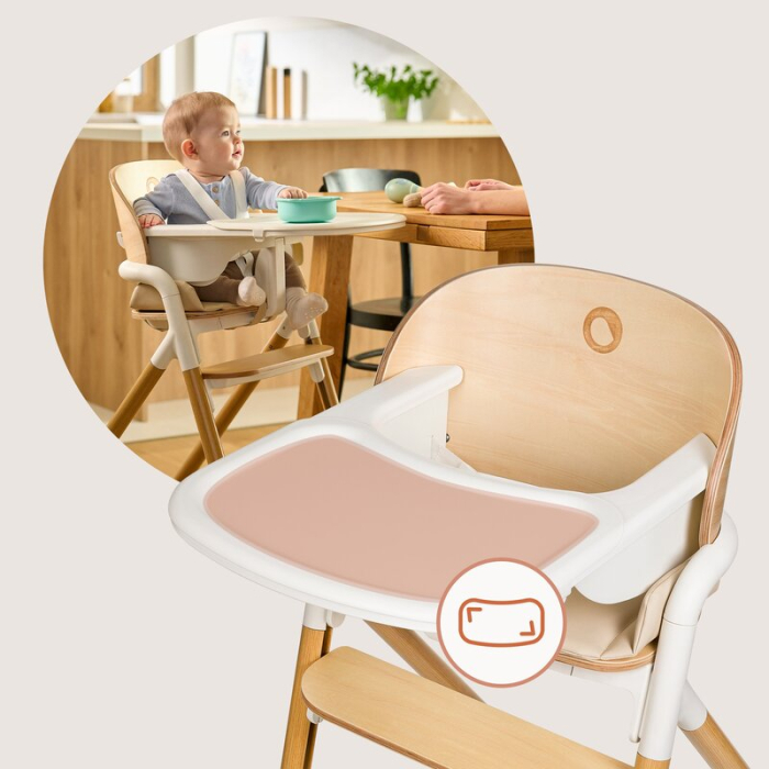 Scaun de masa multifunctional Celia, Lionelo, din lemn de fag, 6 luni- adult, Spatar lat, Sezut ergonomic, Tavita silicon, Suport de picioare reglabil, Greutate maxima 90 Kg, Alb/Natural [26]