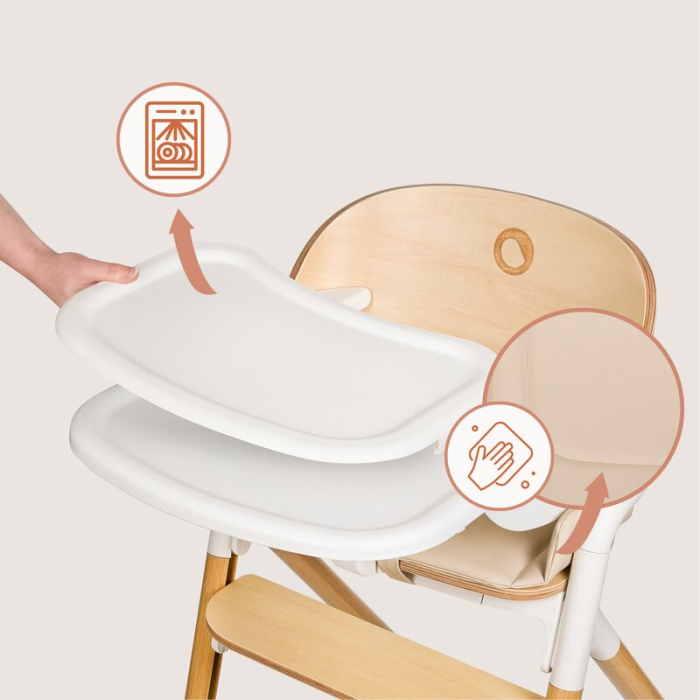 Scaun de masa multifunctional Celia, Lionelo, din lemn de fag, 6 luni- adult, Spatar lat, Sezut ergonomic, Tavita silicon, Suport de picioare reglabil, Greutate maxima 90 Kg, Alb/Natural [20]