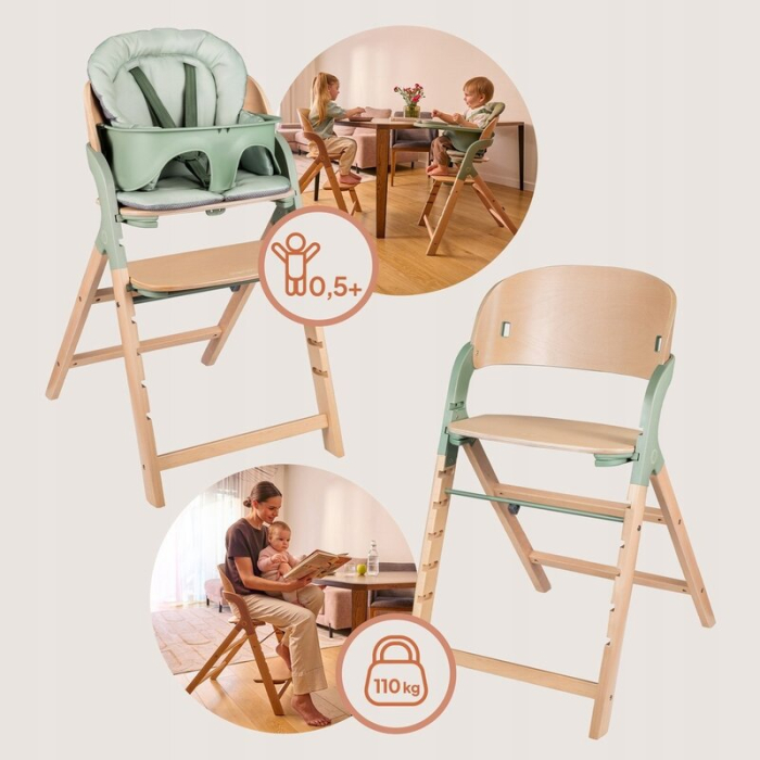 Scaun de masa multifunctional Megan, Lionelo, Din lemn de fag, 6 luni- adult, Reglabil pe inaltime, Husa impermeabila, Tavita silicon, Suport de picioare reglabil, Greutate maxima 110 Kg, Verde [20]