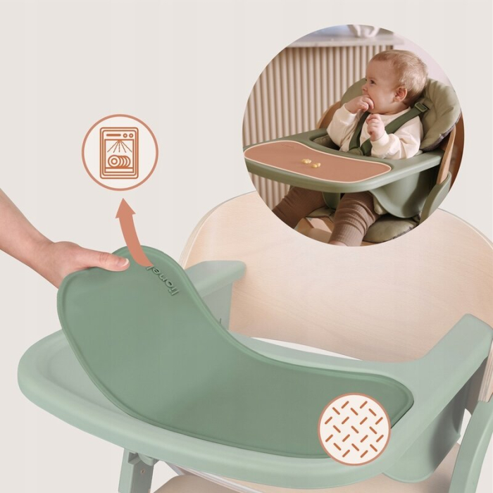 Scaun de masa multifunctional Megan, Lionelo, Din lemn de fag, 6 luni- adult, Reglabil pe inaltime, Husa impermeabila, Tavita silicon, Suport de picioare reglabil, Greutate maxima 110 Kg, Verde [23]
