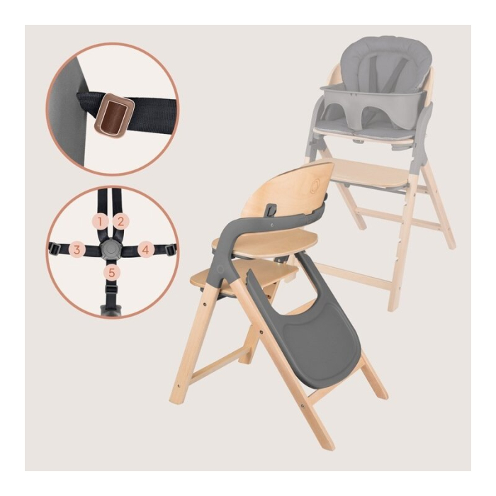 Scaun de masa multifunctional Megan, Lionelo, Din lemn de fag, 6 luni- adult, Reglabil pe inaltime, Husa impermeabila, Tavita silicon, Suport de picioare reglabil, Greutate maxima 110 Kg, Gri [18]