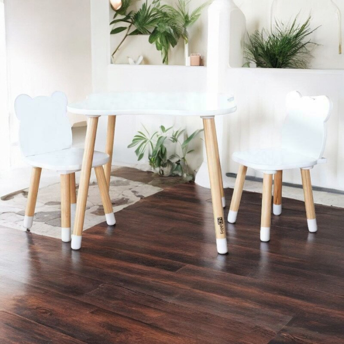 Set masuta si doua scaune, FreeON, Bear, pentru copii, din lemn, cu marginile rotunjite, Alb [9]