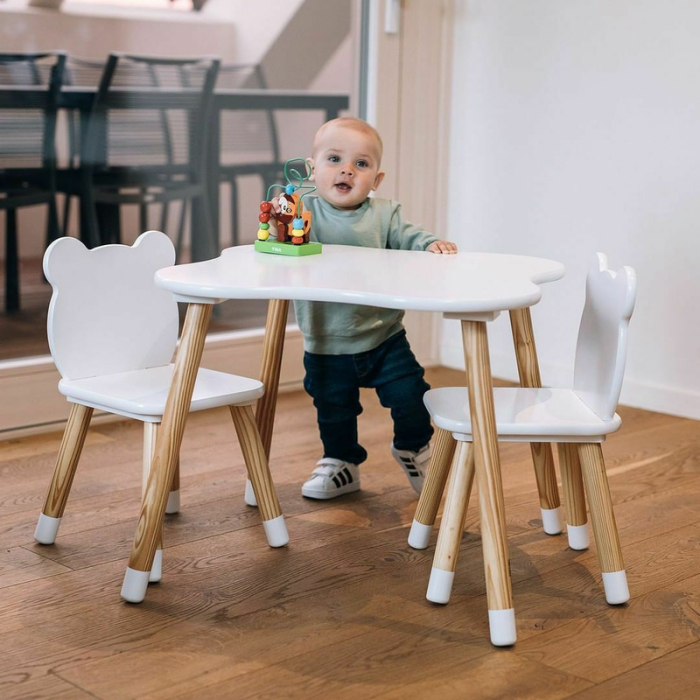 Set masuta si doua scaune, FreeON, Bear, pentru copii, din lemn, cu marginile rotunjite, Alb [2]