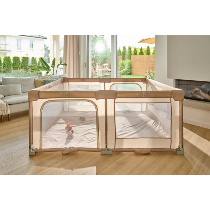 Tarc de joaca copii, Lionelo, Florence Easy Fold, 150 x 180 x 75 cm, Pliere, depliere automata, Include geanta de transport, din plasa, cu doua intrari laterale, 0-48 luni, Bej [28]