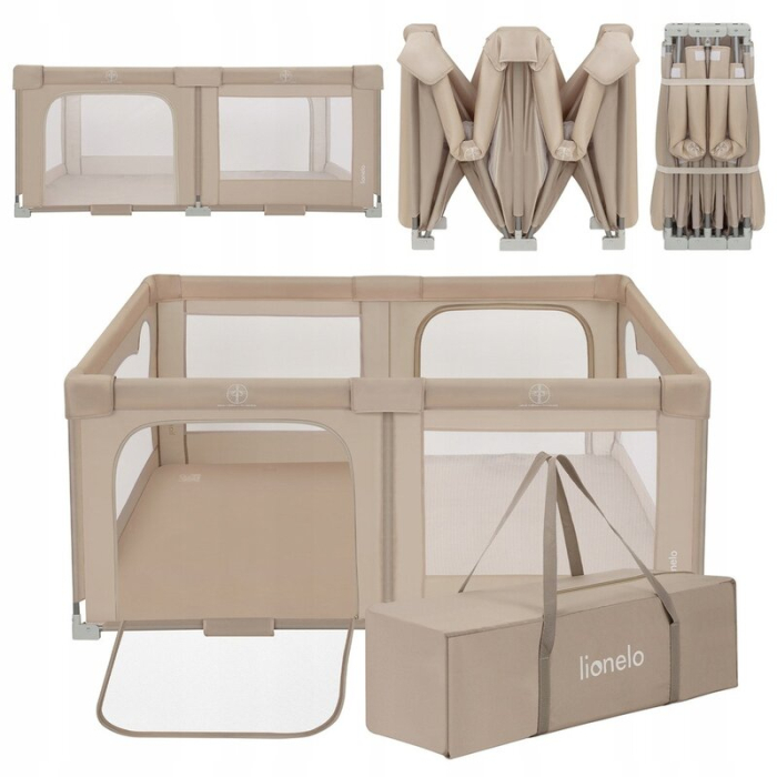 Tarc de joaca copii, Lionelo, Florence Easy Fold, 150 x 180 x 75 cm, Pliere, depliere automata, Include geanta de transport, din plasa, cu doua intrari laterale, 0-48 luni, Bej [3]