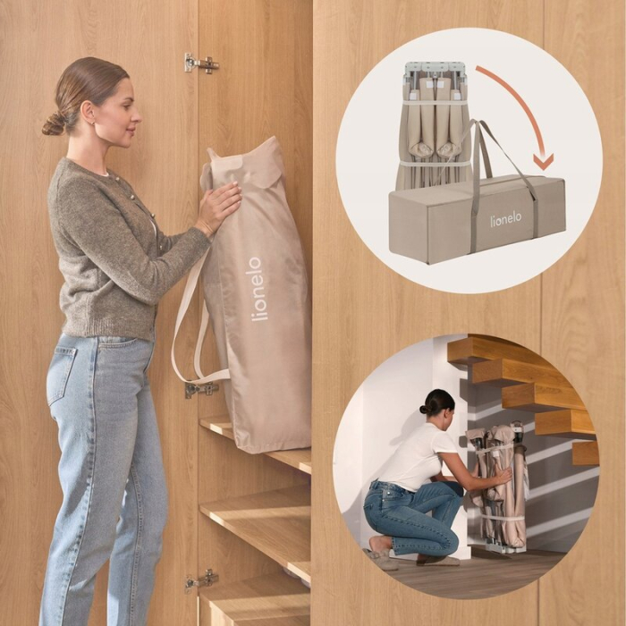 Tarc de joaca copii, Lionelo, Florence Easy Fold, 150 x 180 x 75 cm, Pliere, depliere automata, Include geanta de transport, din plasa, cu doua intrari laterale, 0-48 luni, Bej [24]