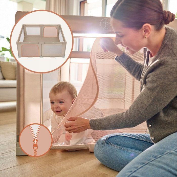 Tarc de joaca copii, Lionelo, Florence Easy Fold, 150 x 180 x 75 cm, Pliere, depliere automata, Include geanta de transport, din plasa, cu doua intrari laterale, 0-48 luni, Bej [23]