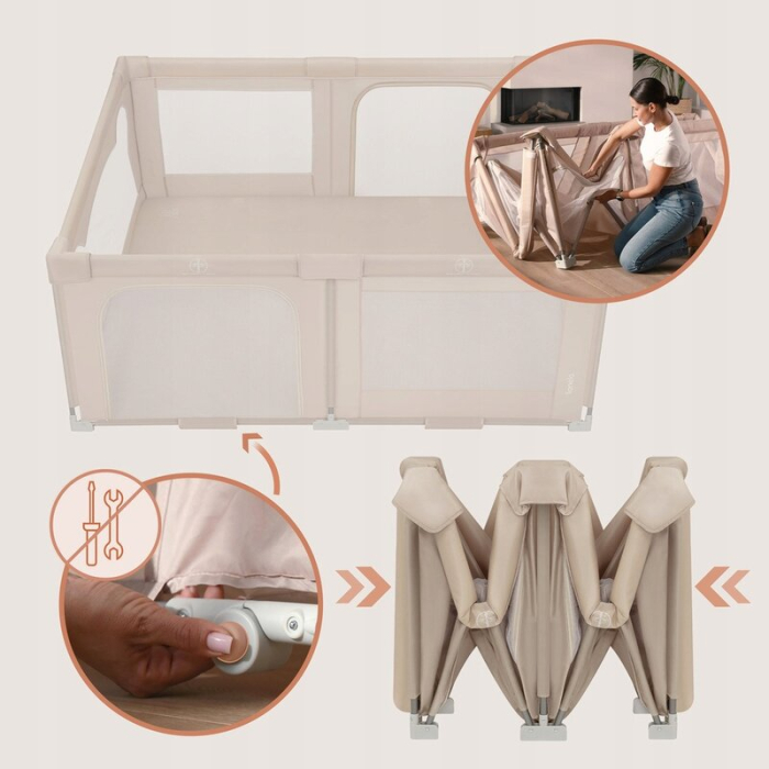 Tarc de joaca copii, Lionelo, Florence Easy Fold, 150 x 180 x 75 cm, Pliere, depliere automata, Include geanta de transport, din plasa, cu doua intrari laterale, 0-48 luni, Bej [18]