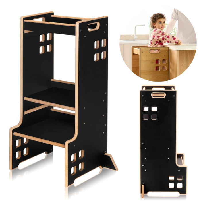 Turn de invatare Montessori, Lionelo, Cass, Functie de raft pentru carti, Pana la 30 kg, 12 luni - 6 ani, din MDF si furnir, 3 trepte de inaltime, Negru [8]