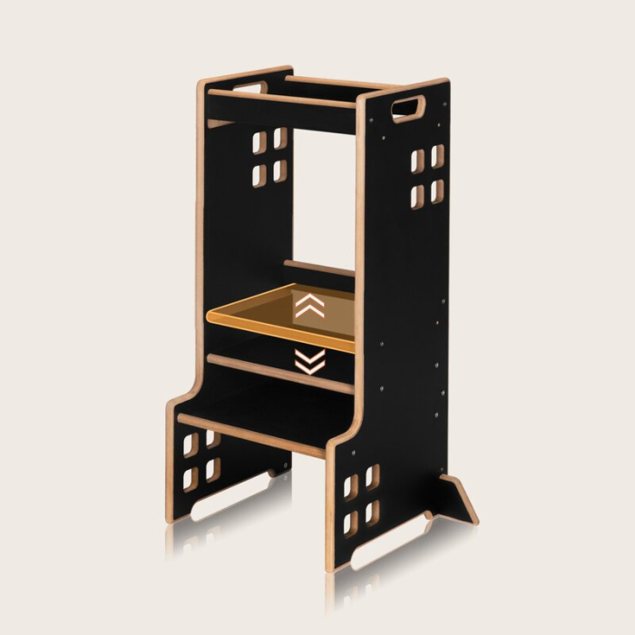 Turn de invatare Montessori, Lionelo, Cass, Functie de raft pentru carti, Pana la 30 kg, 12 luni - 6 ani, din MDF si furnir, 3 trepte de inaltime, Negru [10]