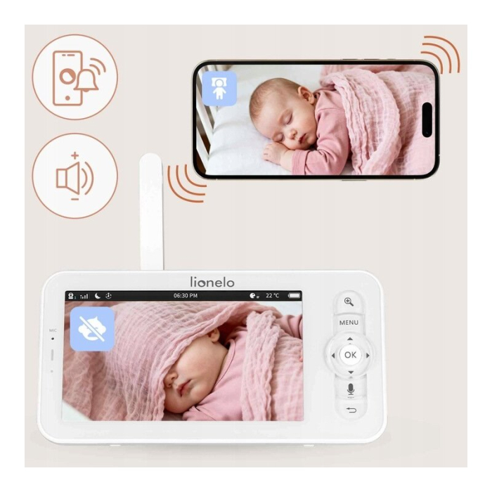 Video monitor, Lionelo, Babyline 9.2. AI, 5 inch, Camera Full HD, Zoom digital 4x, Aplicatie, Tehnologia AI cu detectare a miscarii, Recunoasterea motivului plansului, Melodii, Zgomote albe, Mod noctu [31]