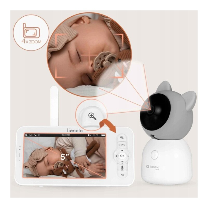 Video monitor, Lionelo, Babyline 9.2. AI, 5 inch, Camera Full HD, Zoom digital 4x, Aplicatie, Tehnologia AI cu detectare a miscarii, Recunoasterea motivului plansului, Melodii, Zgomote albe, Mod noctu [33]