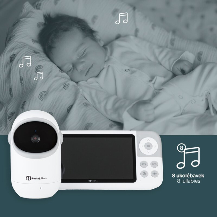Video monitor, Petite&Mars, Eve 5.0, Ecran HD, Autonomie baterie pana la 16 ore, Raza de actiune 300m, Suport pentru pana la 4 camere, Comunicare bidirectionala, 8 melodii, Activare VOX la voce, Alb [8]