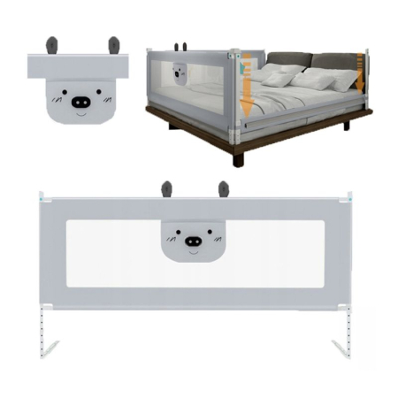 Bariere de protectie pat - Bariera protectie pat culisanta XXL 140 cm Bears Grey, inaltime reglabila 68-98 cm