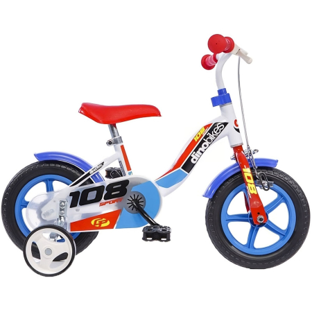 Biciclete copii cu roti 10 inch (2-4 ani) - Bicicleta copii Dino Bikes 10' 108 Sport alb si albastru cu frana