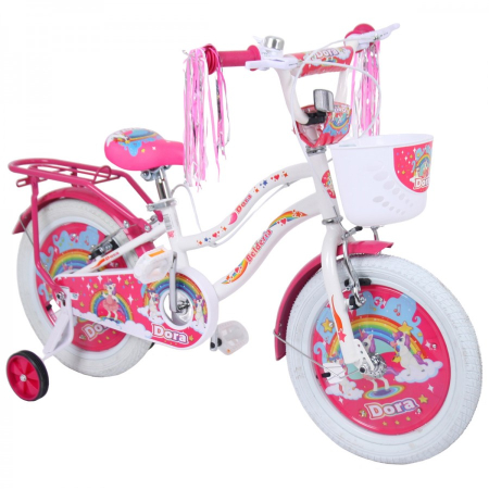 Biciclete copii cu roti 16 inch (4-9 ani) - Bicicleta pentru copii 5-8 ani Belderia Dora, roti 16 inch, cu roti ajutatoare si frane V-Brake, alb, cu cosulet si portbagaj