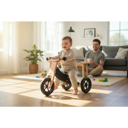 Bicicleta/tricicleta fara pedale, Free2Move, din lemn, 2 in 1, Functie de bicicleta echilibru, Sa reglabila, Manere antiderapante, Roti ajustabile, 18 luni - 3 ani, Brown Black [1]