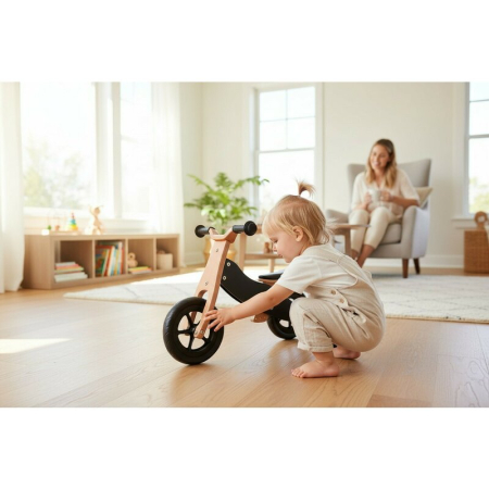 Bicicleta/tricicleta fara pedale, Free2Move, din lemn, 2 in 1, Functie de bicicleta echilibru, Sa reglabila, Manere antiderapante, Roti ajustabile, 18 luni - 3 ani, Brown Black [2]