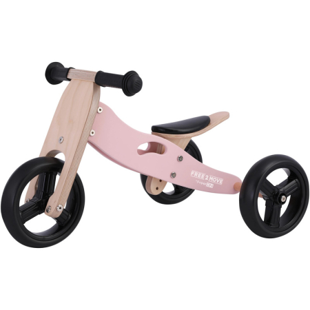 Biciclete fara pedale - Bicicleta/tricicleta fara pedale, Free2Move, din lemn, 2 in 1, Functie de bicicleta echilibru, Scaun reglabil, Roti ajustabile, Manere antiderapante, Varsta 1-3 ani, Dusty Pink