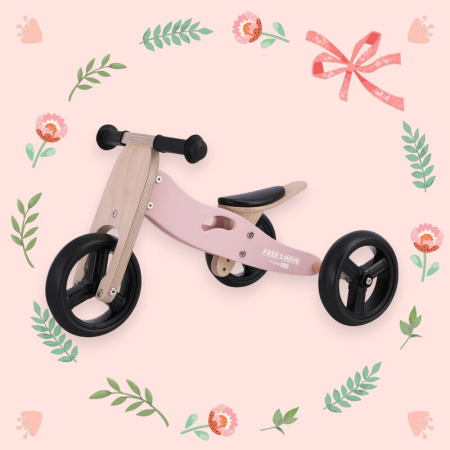 Bicicleta/tricicleta fara pedale, Free2Move, din lemn, 2 in 1, Functie de bicicleta echilibru, Scaun reglabil, Roti ajustabile, Manere antiderapante, Varsta 1-3 ani, Dusty Pink [2]