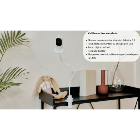 Camera aditionala, Lionelo, Babyline 3.2, Full HD, Zoom digital 3x, cu mod de noapte, Stocare micro SD de pana la 128 GB, Cablu de 2,6 m, Alb [11]