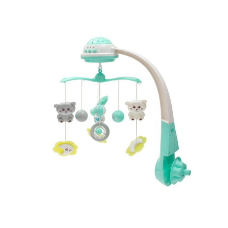 Carusele patut - Carusel muzical, BabyMix, pentru patut bebelusi, cu proiectii, cu melodii si sunete ale naturii, cu 10 jucarii si ceas de jucarie pe suport, Mint