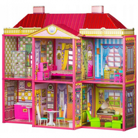 Papusi si cele necesare - Casuta de papusi, cu 128 de elemente din carton si plastic, Ecotoys HC33423
