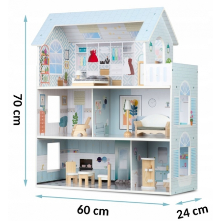 Casuta de papusi din lemn cu 3 etaje, mobilier inclus, 60 x 24 x 70 cm, Ricokids RK-878 - Albastru deschis [7]