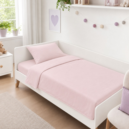 Lenjerii patut 120 x 60 cm - Lenjerie in 3 piese Roz Uni pentru pat copii 0-5 ani compatibila cu saltea 120x60 cm
