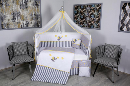 Lenjerii patut 120 x 60 cm - Lenjerie MyKids 9 piese Elephant gri-galben fara baldachin 120x60 cm