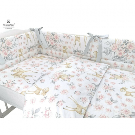 Lenjerie patut 3 piese, cu protectie laterala, Sweet Deer Pink, din bumbac, pentru patut 120x60 cm - MimiNu [1]